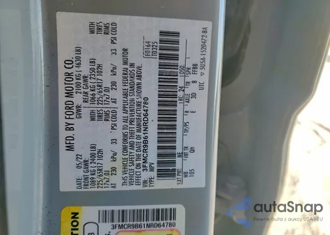 2022 Ford Bronco Sport Big Bend z USA, uszkodzony, nr VIN 3FMCR9B61NRD64780